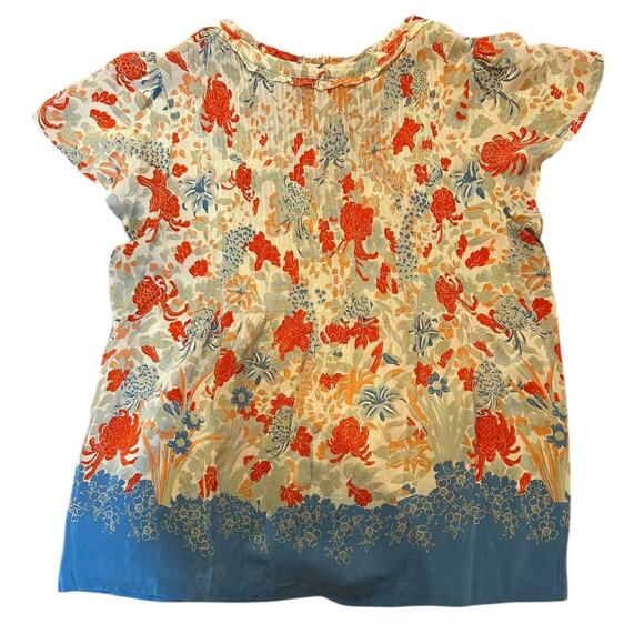 JOIE Floral Orange Blue Peony Pintuck Cap Short Sleeve Ruffle Button  LARGE - Picture 3 of 6